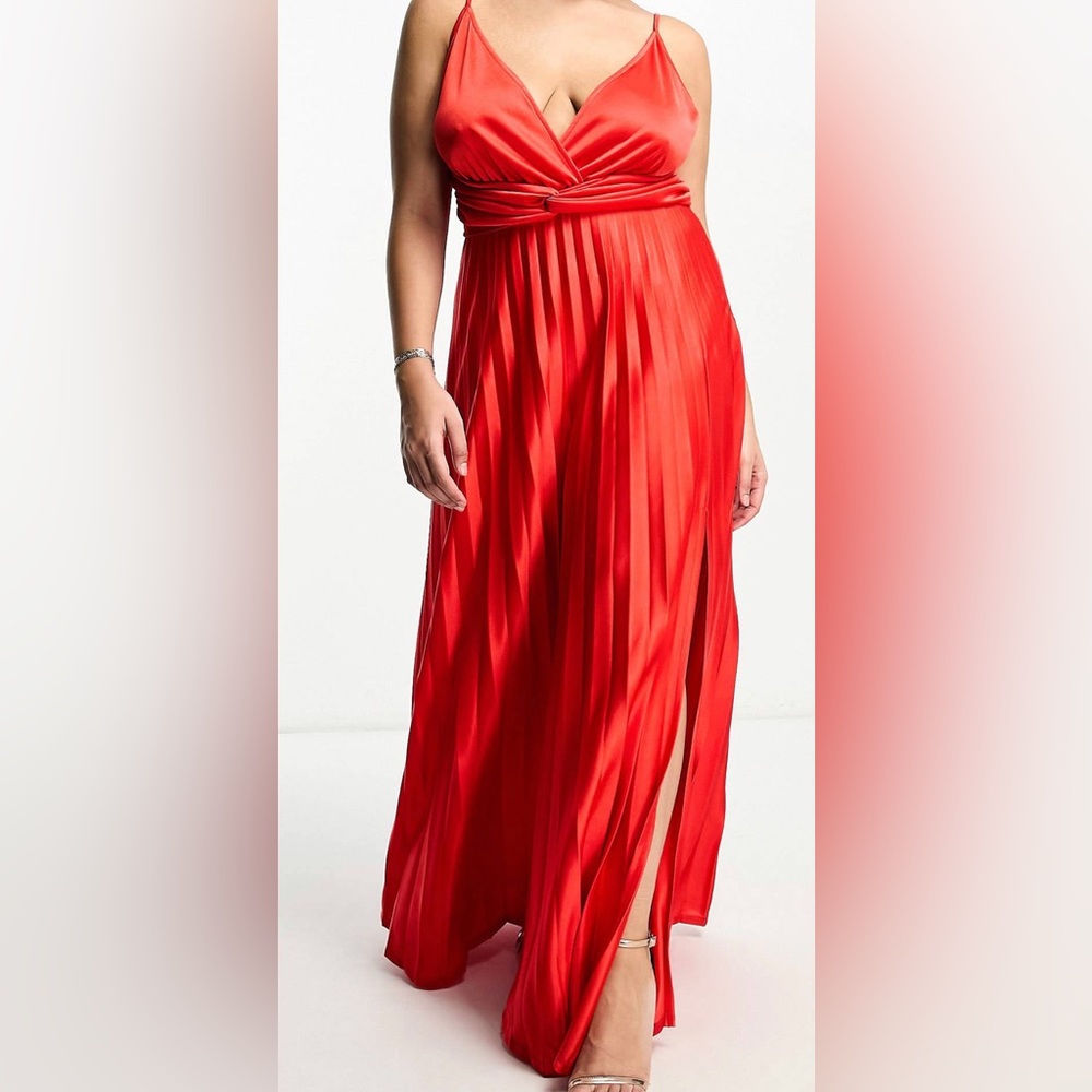 ASOS DESIGN Curve red maxi dress with plunge neck, pleats and small slit size 14